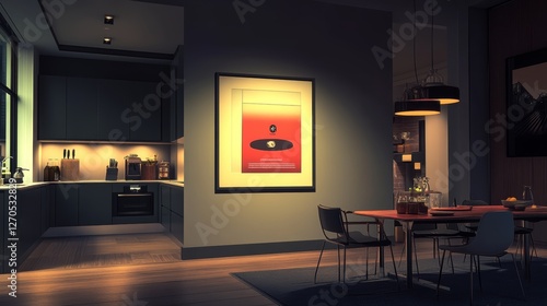 Wallpaper Mural Mockup poster frame on the wall of living room with kitchen and dining room. Luxurious apartment background with contemporary design. Modern interior design. 3D render, 3D illustration.
 Torontodigital.ca