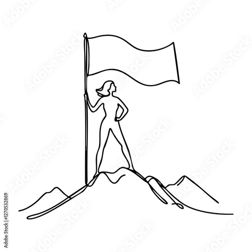 A continuous line drawing illustration of a woman planting a flag on a mountain peak