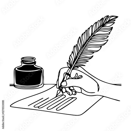 A continuous line drawing illustration of a hand writing with a feather quill and inkwell