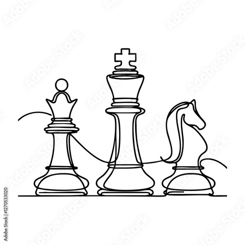 A continuous line drawing illustration of chess pieces