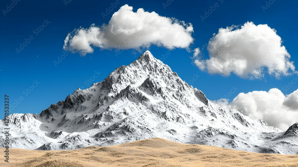 Fototapeta premium Snow-covered mountain peak rises majestically under a bright blue sky with fluffy white clouds above golden grassy hills.