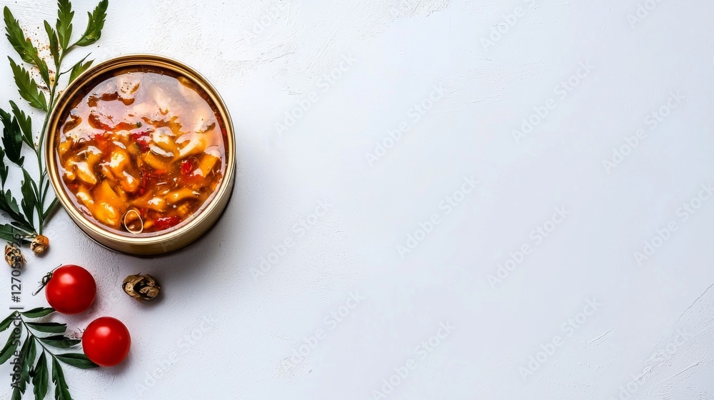 Traditional stew with colorful vegetables and herbs on a clean surface Traditional stew with colorful vegetables and herbs on a clean surface