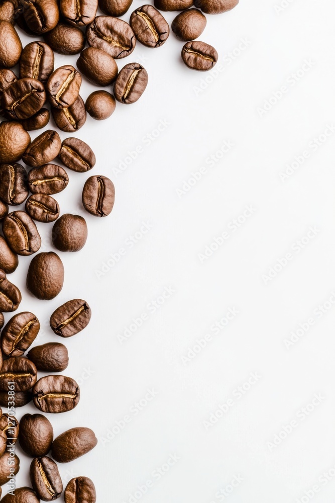 Naklejka premium Freshly roasted coffee beans scattered on a white background, showcasing rich textures and colors