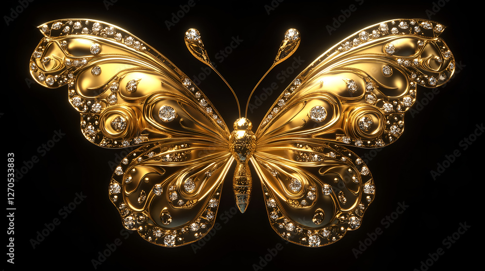 Fototapeta premium Luxurious golden butterfly with intricate details and sparkling diamonds on a dark background, symbolizing elegance.
