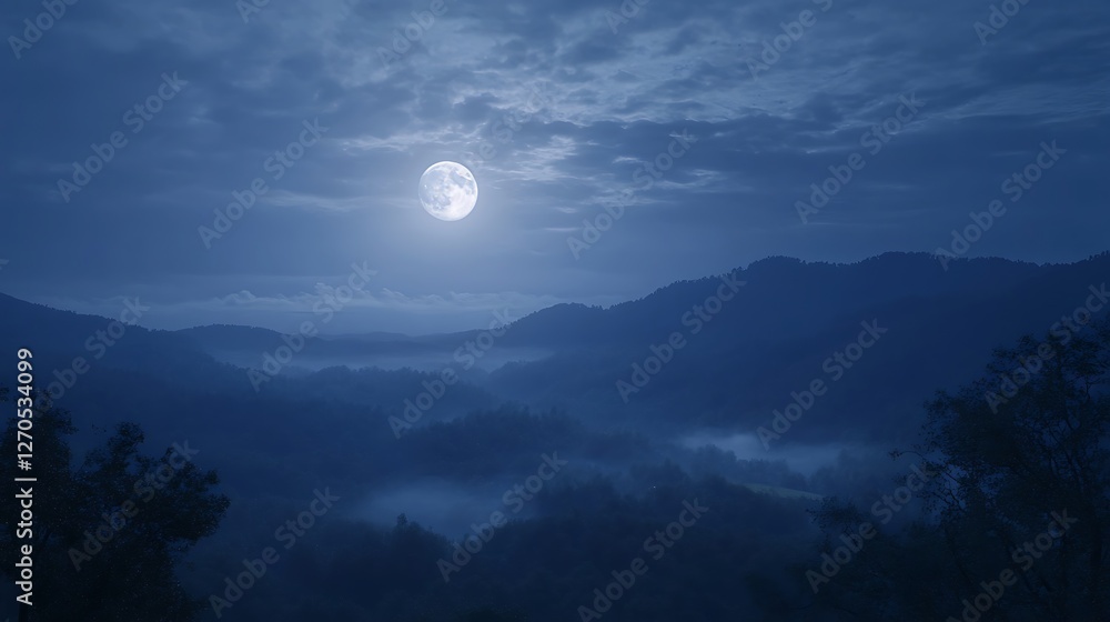 Fototapeta premium Full Moon Over Misty Mountain Ranges At Night