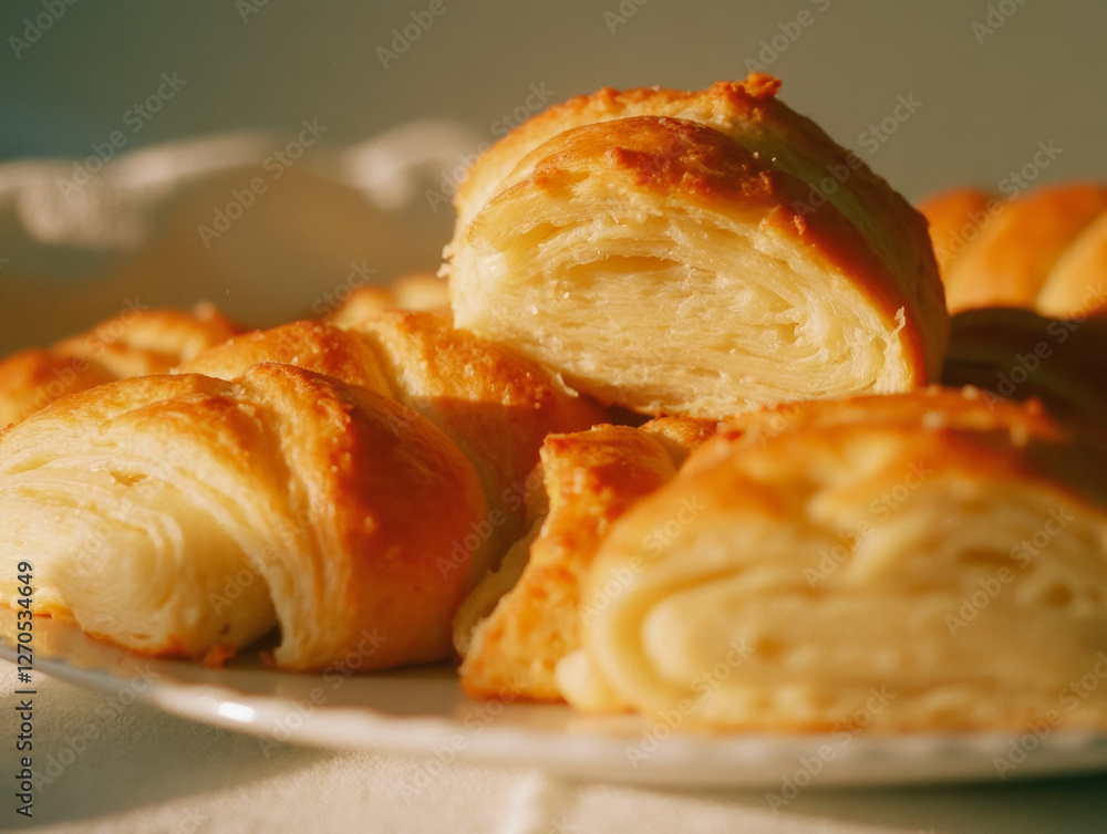 Delicious flaky croissants on white plate in warm light Delicious flaky croissants on white plate in warm light