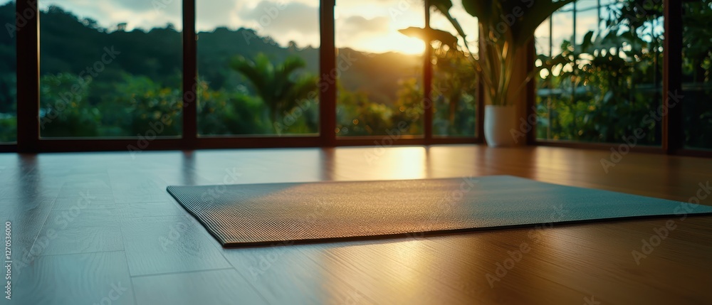 Fototapeta premium Yoga practice session at sunset indoor studio with floor mats peaceful and serene environment