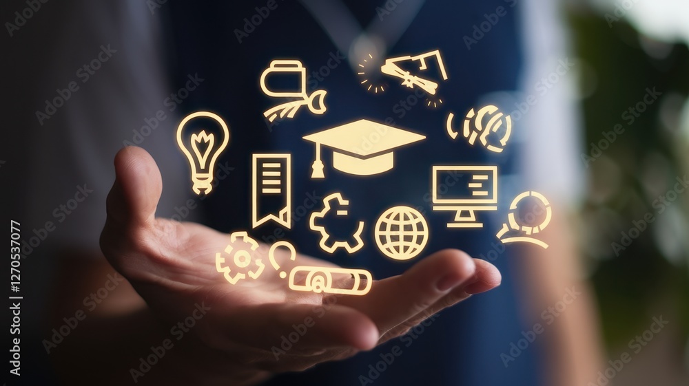 Person presents glowing symbols representing learning and education concepts Person presents glowing symbols representing learning and education concepts