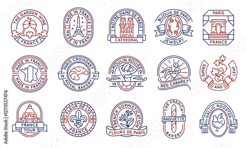 French culture and landmarks logos, labels, icons. A set of 15 french logotypes like Fleur de Lys, baguette, cabaret, gallic cock. For travel agencies, french bakeries, wineries. Vector illustration