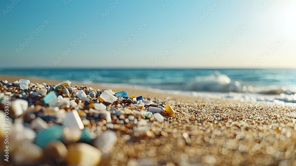 Plastic pollution idea. Scenic view of the beach with colorful pebbles and serene ocean waves under blue sky. Plastic pollution idea. Scenic view of the beach with colorful pebbles and serene ocean waves under blue sky.