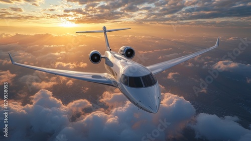 Fototapeta Naklejka Na Ścianę i Meble -  A luxurious private jet soars gracefully high above a stunning cloudscape at sunset time