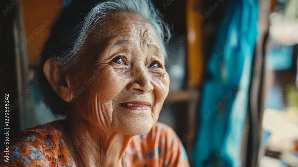 Fototapeta premium Old woman looking into the distance and smiling. Portrait of happy grandmother. Close up Side view Slow motion.