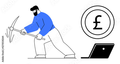 Man using a pickaxe in a dynamic motion, large pound sterling symbol in a circle, and an open laptop. Ideal for finance, digital currency, blockchain, cryptocurrency mining, fintech, global economy