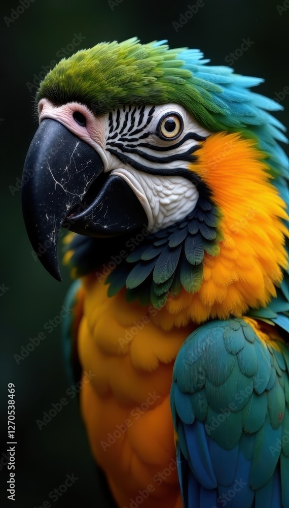 Fototapeta premium Close-up of macaw head, showing intricate plumage, tropical, macaw
