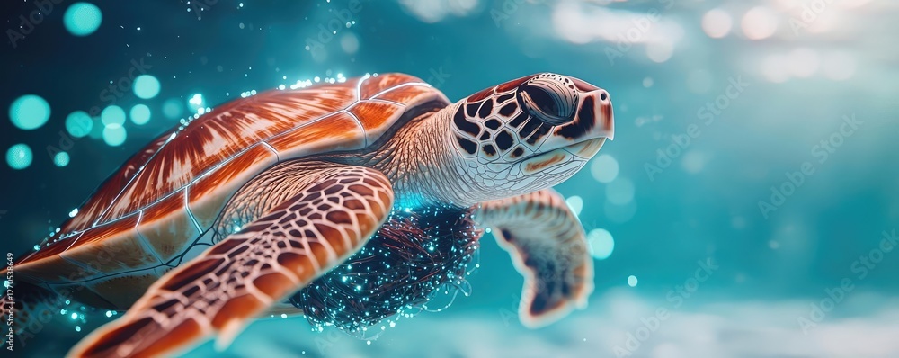 Fototapeta premium Plastic pollution idea. A vibrant sea turtle swimming gracefully in clear ocean water.