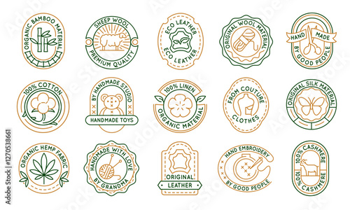 Material and textile logos, labels, icons. A set of 15 material logotypes. Wool, handmade, cotton, sheep wool, cashmere. Ideal for fashion and textile production. Vector illustration