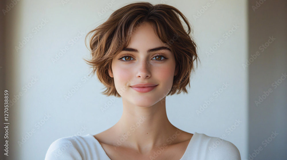 A confident young woman with tousled hair smiles against a minimalistic background, ideal for personal branding, wellness campaigns, or magazine features. A confident young woman with tousled hair smiles against a minimalistic background, ideal for personal branding, wellness campaigns, or magazine features.