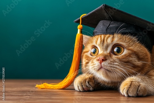 Cat celebrates graduation milestone with cap and proud expression during a joyful moment indoors photo