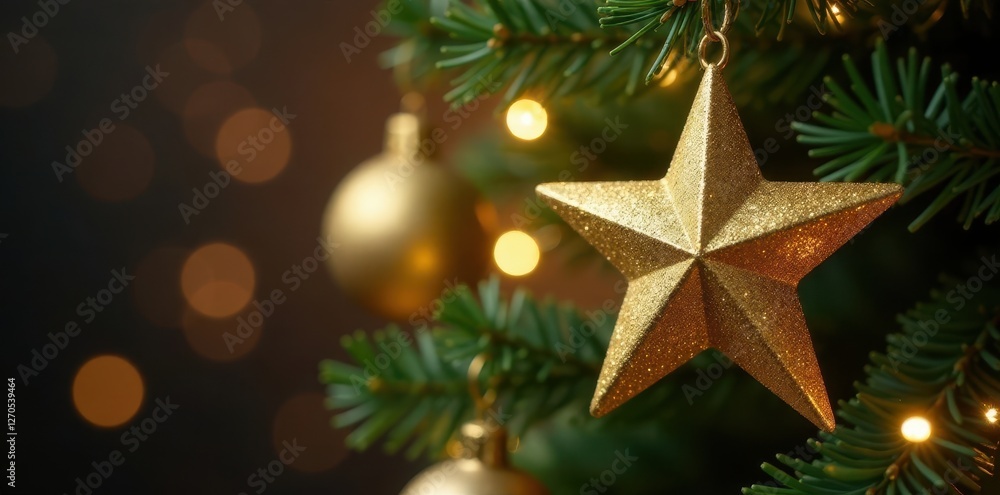 Golden star ornaments on a glittering Christmas tree , celebration, winter holidays
