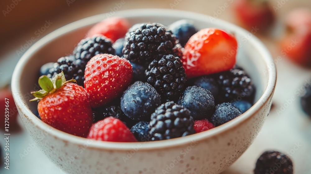 Bowl of fresh mixed berries including strawberries, blueberries, and blackberries on a table. Bowl of fresh mixed berries including strawberries, blueberries, and blackberries on a table.