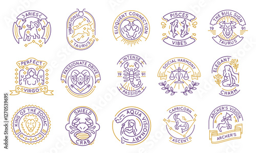 Zodiac and horoscope logos, labels, icons. A set of 15 zodiac logotypes. Cancer, Libra, Virgo, Capricorn, Lion. Ideal for branding horoscopes and esoteric sites. Vector illustration