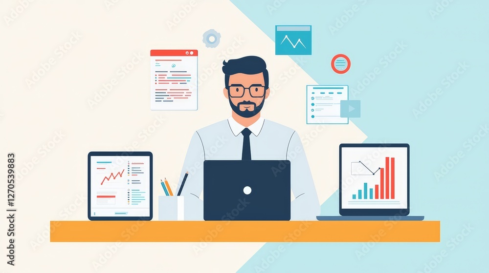 Modern workspace a man working at a desk with laptop and tablet for increased productivity Modern workspace a man working at a desk with laptop and tablet for increased productivity