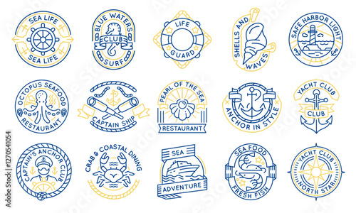 Sea and yacht logos, labels, icons. A set of 15 sea logotypes. Yacht, cruise, octopus, captain, sea horse, crab. Ideal for branding yacht clubs, restaurants, cruises. Vector illustration