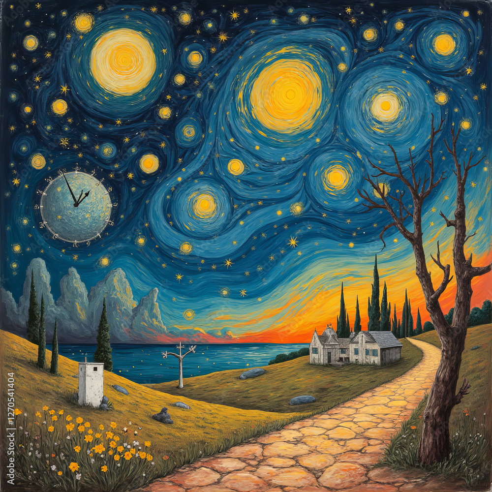 Obraz premium Surreal starry night landscape with glowing sky, moon clock, and dreamy pathway 