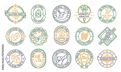 Product logos, labels, icons. A set of 15 product logotypes. Gluten free, sugar free, halal, kosher, lactose free, fat free food. Ideal for health food and product. Vector illustration