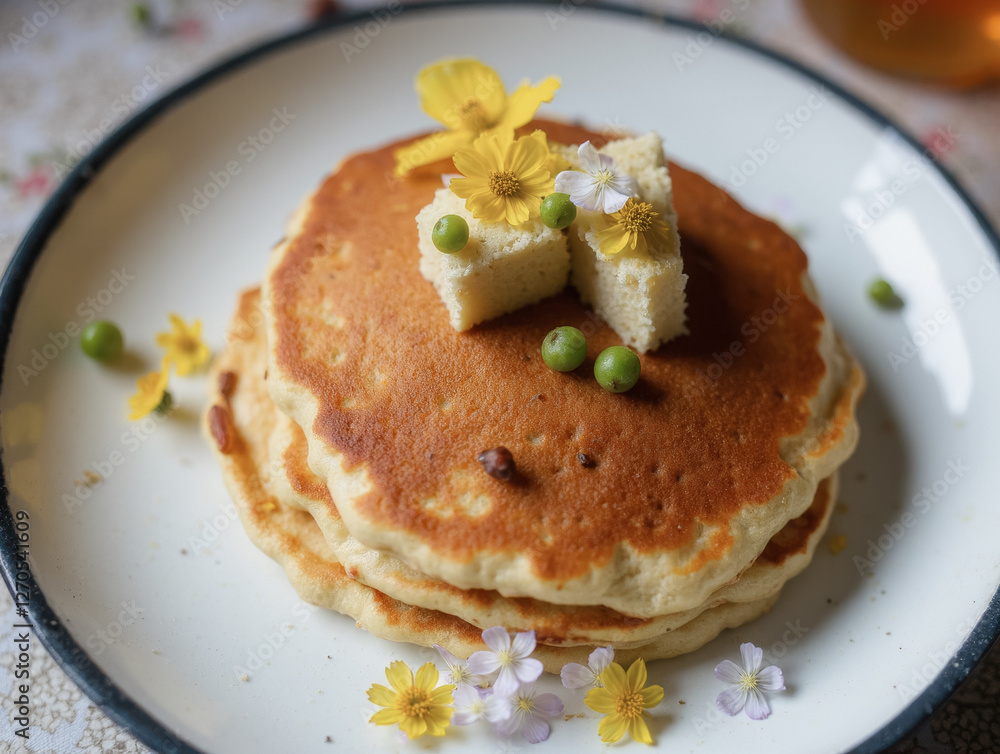 Fluffy pancakes with flowers and cubed butter on elegant plate Fluffy pancakes with flowers and cubed butter on elegant plate