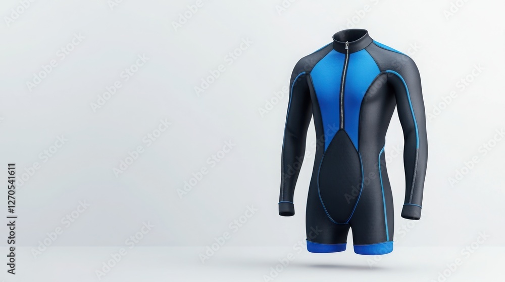 Fototapeta premium A professional black and blue diving wetsuit displayed on a mannequin against a clean white background