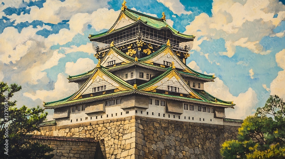 Fototapeta premium Majestic Osaka Castle, Japan, under a dramatic sky.