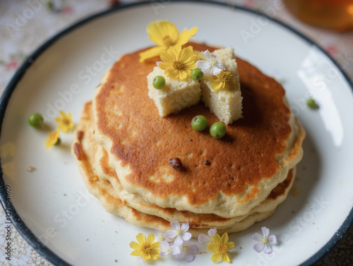 Fluffy pancakes with flowers and cubed butter on elegant plate photo