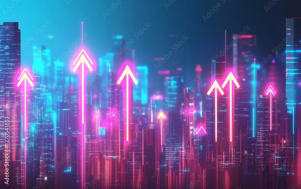 Neon Cityscape Upward Trending Arrows, Digital Growth, Futuristic Composition, Cyberpunk Aesthetic Keywords Stock Market, Financial Growth Neon Cityscape Upward Trending Arrows, Digital Growth, Futuristic Composition, Cyberpunk Aesthetic Keywords Stock Market, Financial Growth