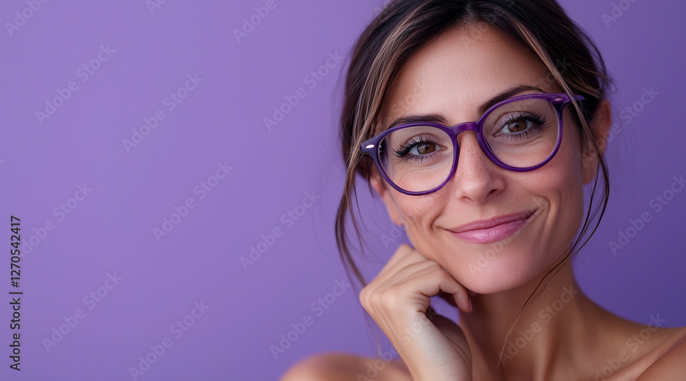 beautiful woman over 35 years old. wears purple glasses on purple background. international women's day. March 8. strength, freedom, union. feminism beautiful woman over 35 years old. wears purple glasses on purple background. international women's day. March 8. strength, freedom, union. feminism