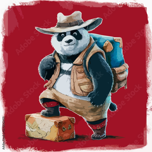 Backpacking Camping Survival Expedition vector Outback Cowboy Panda Bear traveling with suitcase and essential supplies fun cartoon character on red background