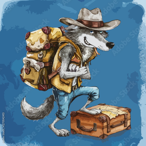 Backpacking Camping Survival Expedition vector Outback Cowboy Wolf traveling with suitcase and essential supplies fun cartoon character on blue background