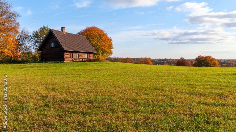 Idyllic autumn landscape featuring a rustic wooden house surrounded by vibrant foliage under a clear sky Idyllic autumn landscape featuring a rustic wooden house surrounded by vibrant foliage under a clear sky