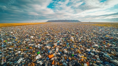 Plastic pollution idea. A vast landscape covered in plastic waste under a cloudy sky.