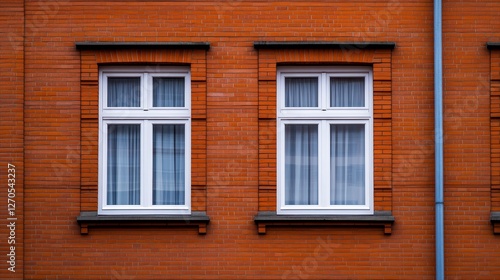 Symmetrical arrangement of two white-framed windows on a vibrant orange brick wall