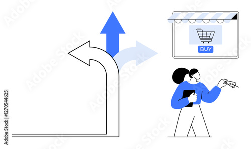 Person with clipboard deciding on a purchase while various directional arrows suggest multiple choices in online shopping. Ideal for business strategy, eCommerce, decision-making, consumer behavior