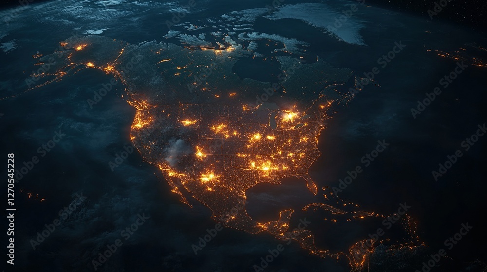 Obraz premium illustration of Canada and North America from space at night with city lights showing human activity in United States