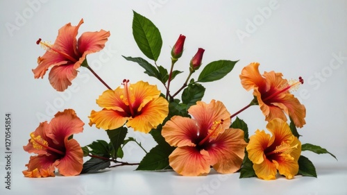 Wallpaper Mural A vibrant hibiscus flower with delicate petals and lush green leaves, beautifully isolated on a white background. Perfect for botanical designs, floral-themed projects, and nature-inspired visuals. Torontodigital.ca