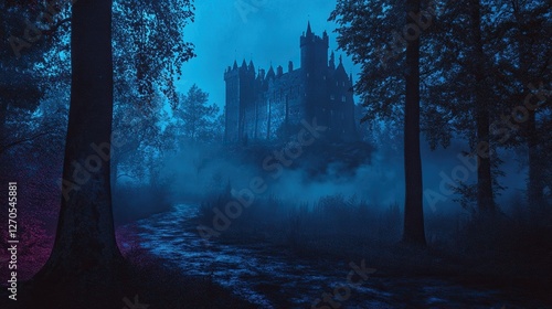 image of night scary castle in the woods