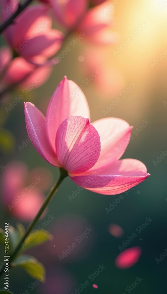 Obraz premium Delicate pink petals drift gently downward, sunlight illuminating their translucent beauty , spring, wind