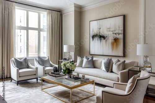 A transitional living room blending traditional warmth with contemporary clean lines. Use a neutral color palette with pops of color, mix classic and modern furniture pieces
