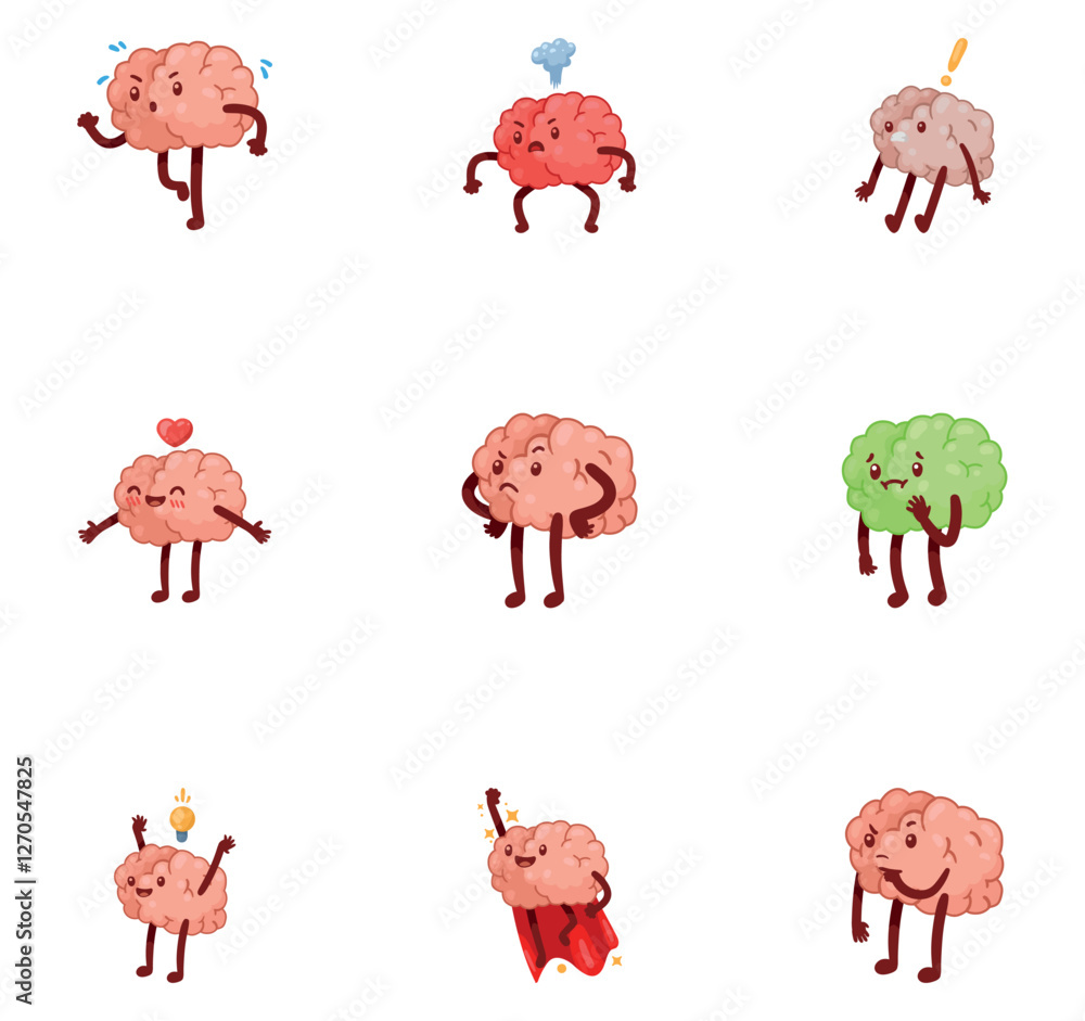 Vector icon set of brains with eyes and hands on a white background Vector icon set of brains with eyes and hands on a white background