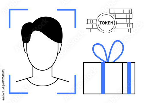 Monochrome outline of a person inside a framing box, token coins labeled token, and a gift box tied with a ribbon. Ideal for digital identity, rewards programs, authentication, tech innovation