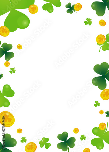 Green clover and gold coins background for St. Patrick's Day. Ornament of clover leaves and gold coins that bring good luck and happiness. Transparent background.