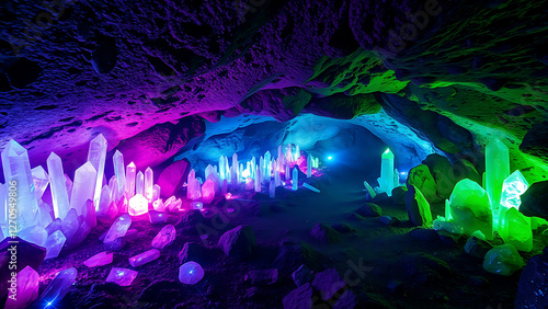abstract background with glowing crystal in a cave
